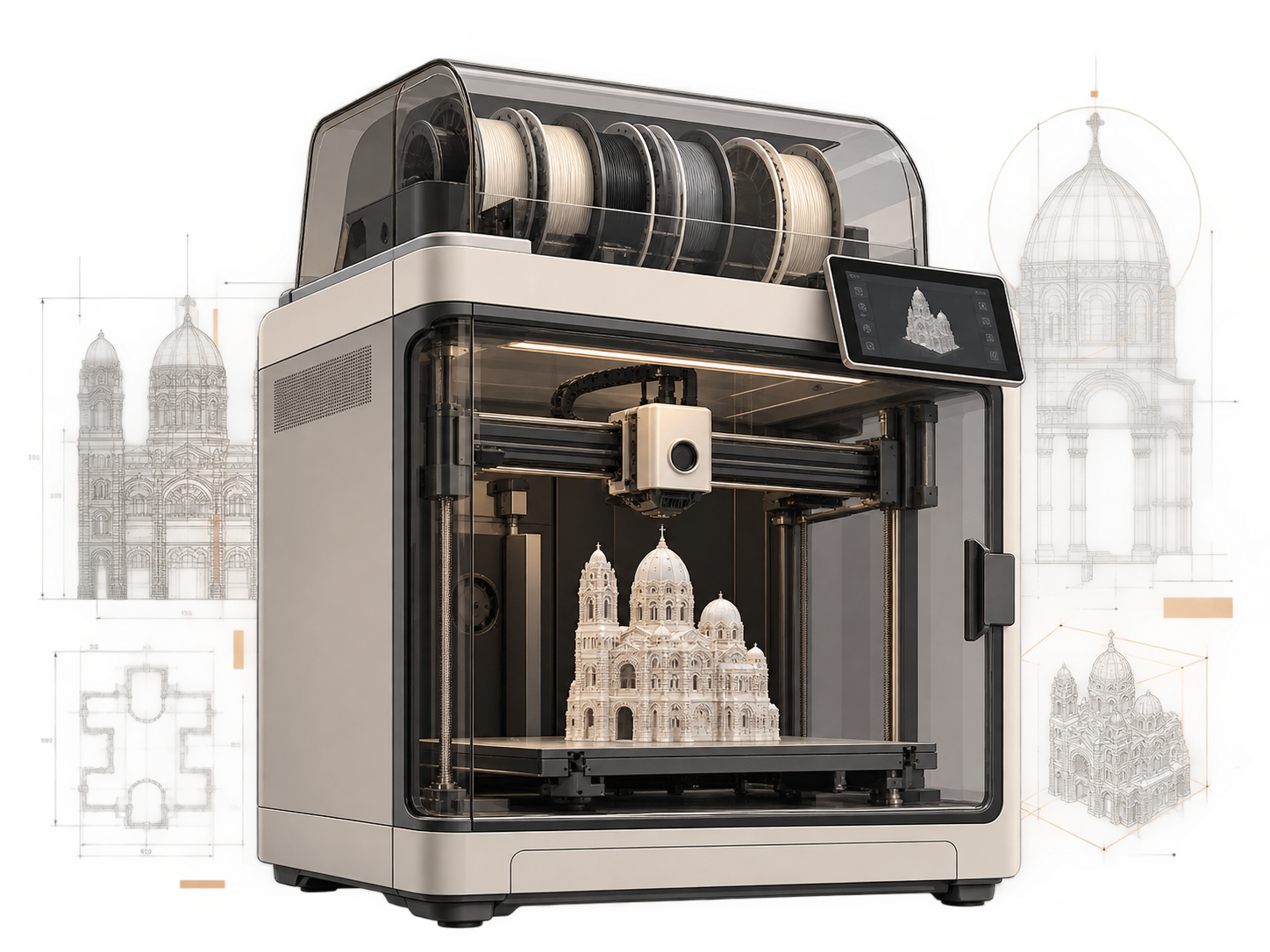 Illustration technique d'une imprimante 3D fabriquant une maquette architecturale